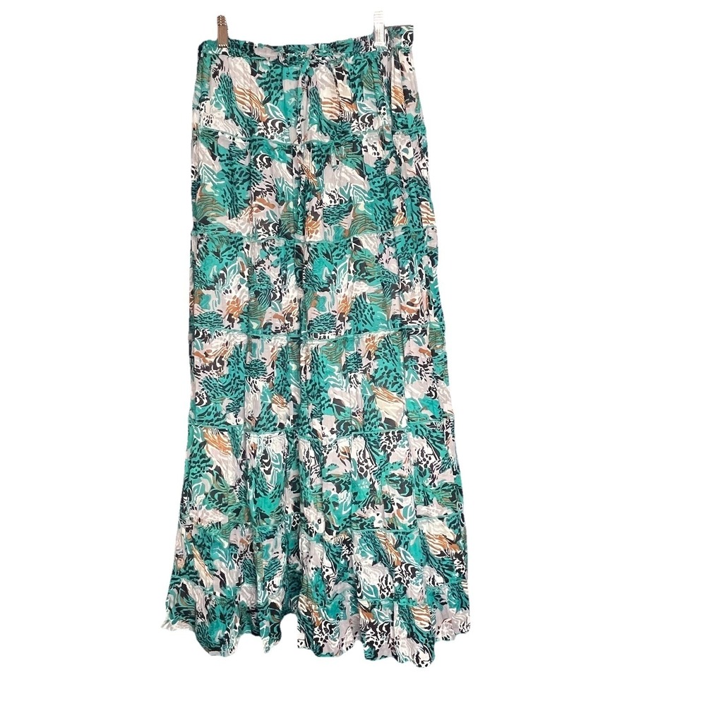 Kim Roger Green‎ Abstract Animal Print Skirt Small Tiered Cotton Maxi Gauzy Boho